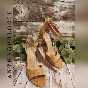 Anthropologie Cork Tan Open Toe Ankle Strap White Design Block Heel Size 7